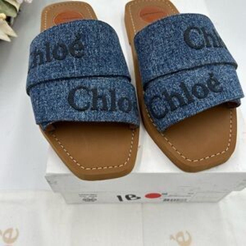 Women’s Chloe woody logo embroidered denim sandals size 38 made in Italy