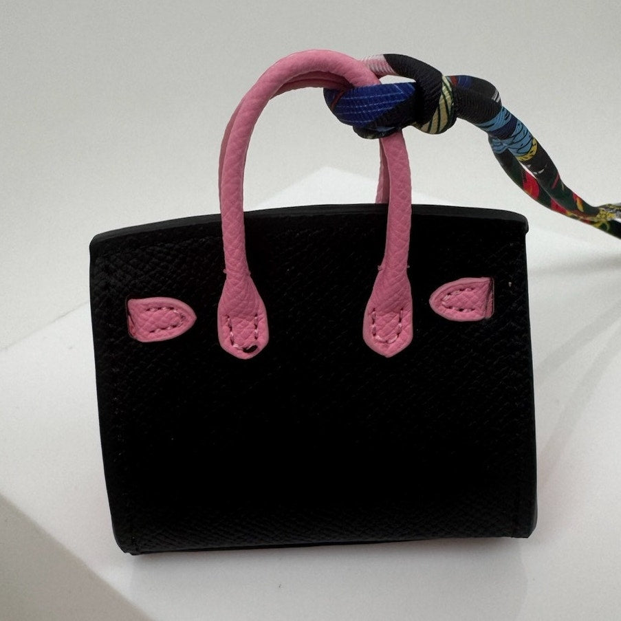 Two-Tone Luxury Leather Miniature Handbag Charm - Mini Bag in Black & Pink