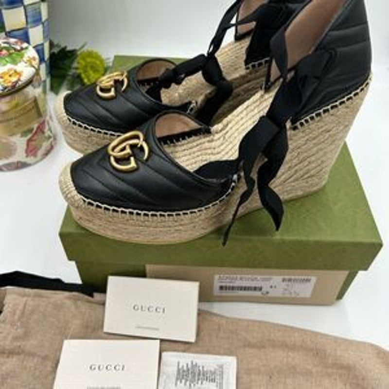 Women's Gucci GG wedge ankle tie Espadrilles size 41 made in Spain