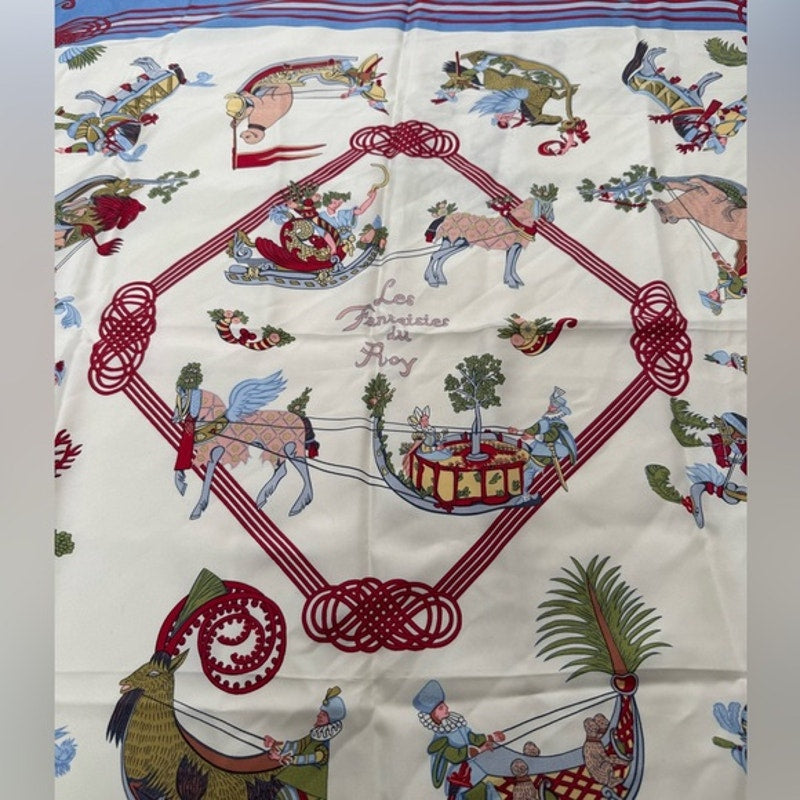 Hermes silk scarf red/blue colorway/whimsical sleds horses w/flourishes of color
