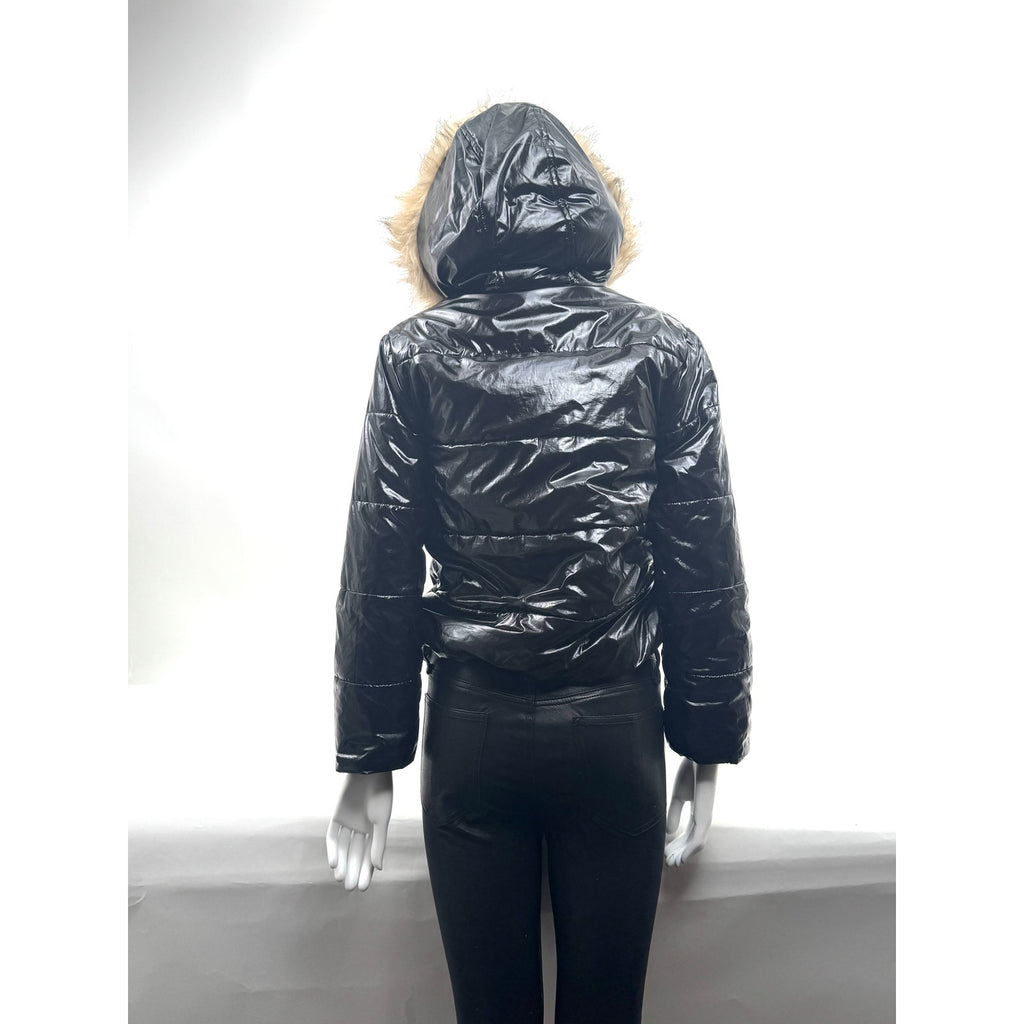 Kids Hudson Black Shiny Puffer Jacket with Faux Fur Hood Size L Fits Women’s XS