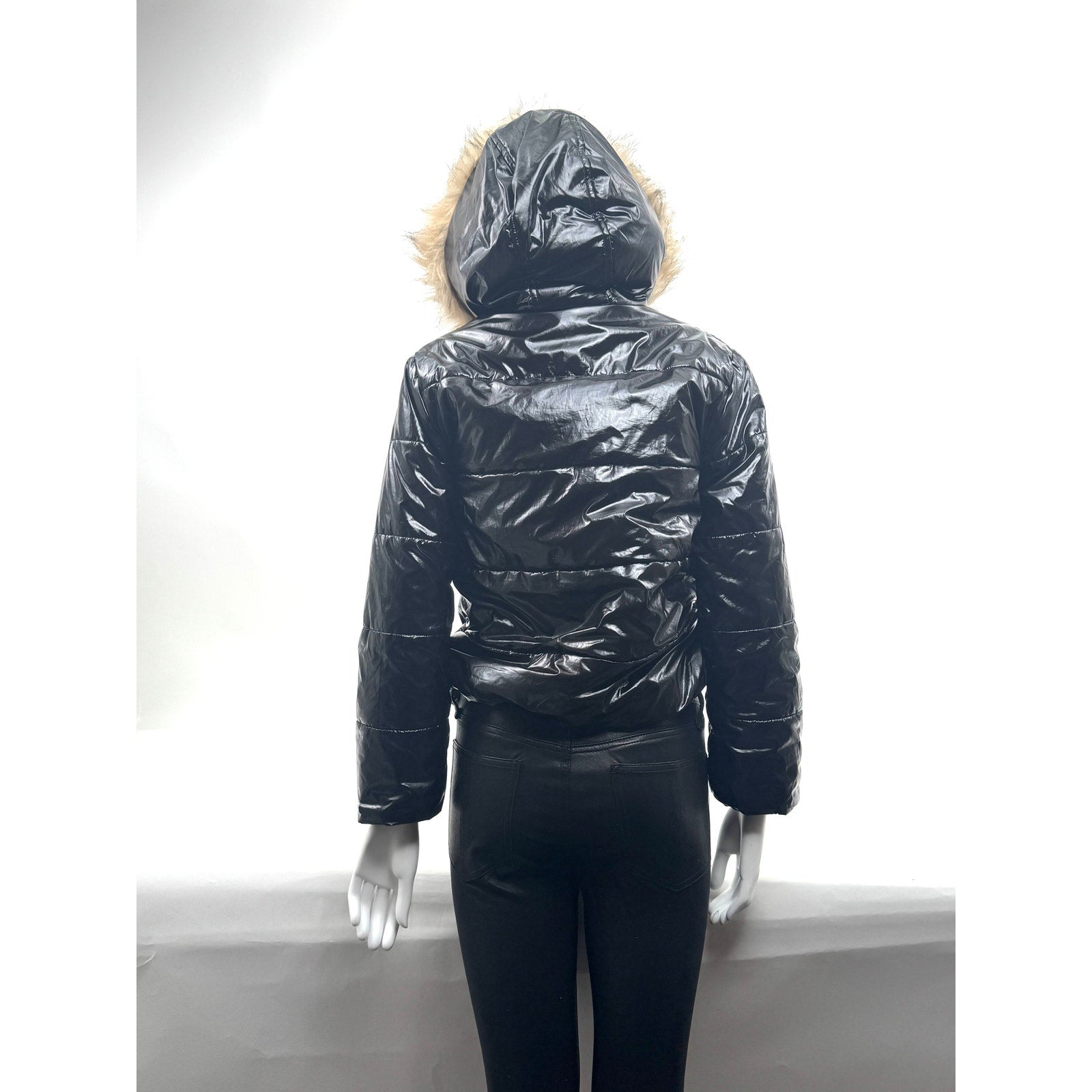 Kids Hudson Black Shiny Puffer Jacket with Faux Fur Hood Size L Fits Women’s XS
