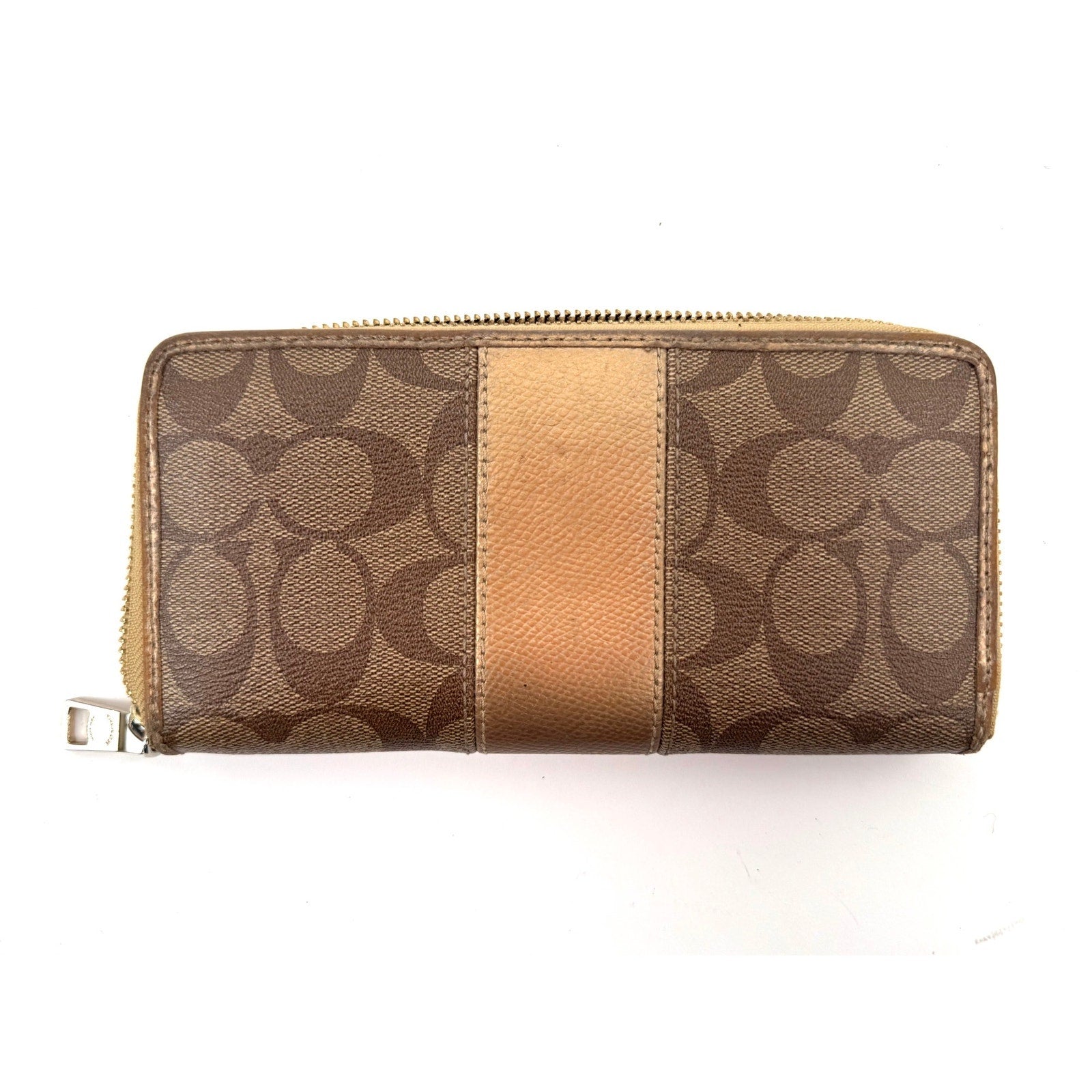 Coach Tan and Brown Zippy Long Accordion Wallet with Gold Finish Hardware