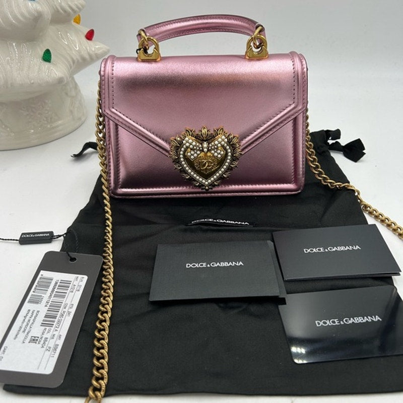Women's Dolce & Gabanna pink leather top handle bejeweled bag made in Italy
