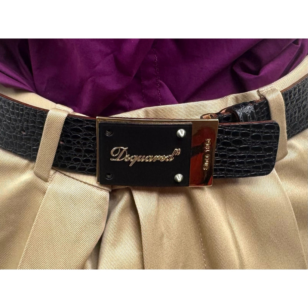 DSQUARED2 NWOT Black Leather Plaque Croc Embossed Belt Size 70 Made in Italy