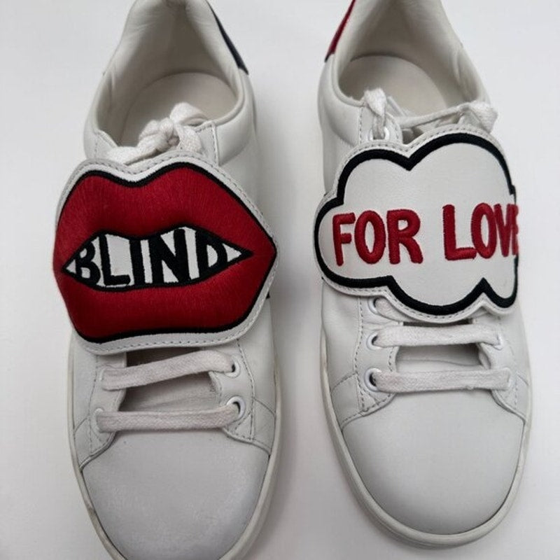 VNDS OG Women's Gucci White Leather Blind For Love Ace Sneakers Size 39