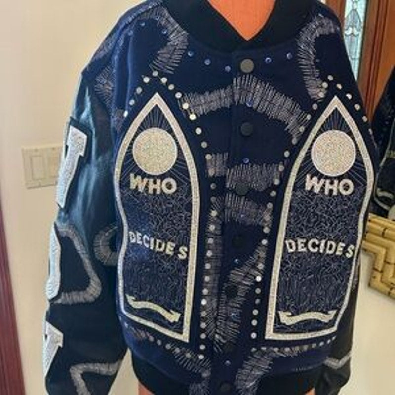Men's WHO DECIDES war hardware, varsity jacket, size XL