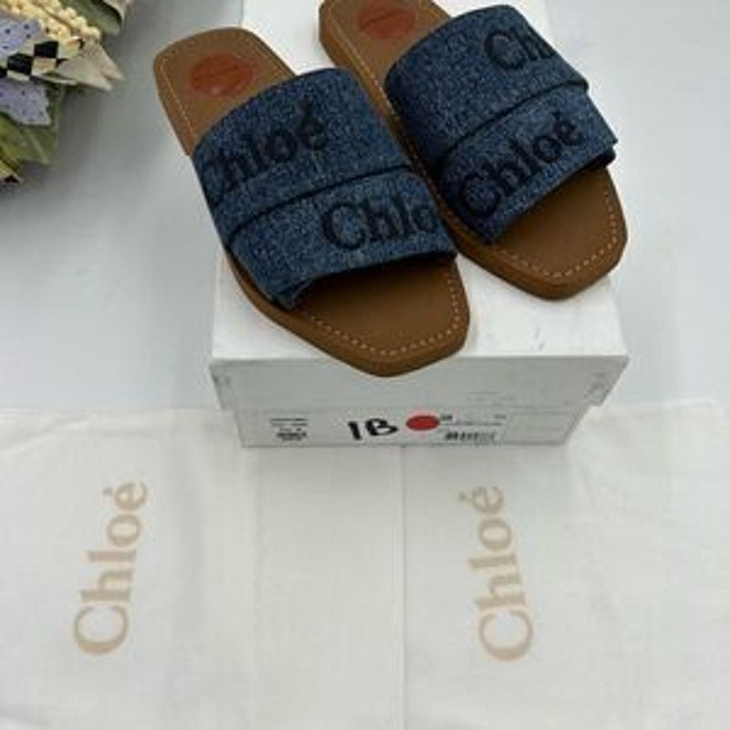Women’s Chloe woody logo embroidered denim sandals size 38 made in Italy