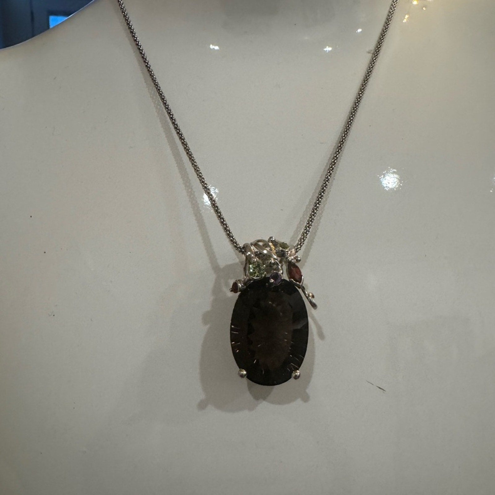 Enormous Smoky Quartz & smaller semiprecious gemstones elaborate setting silver