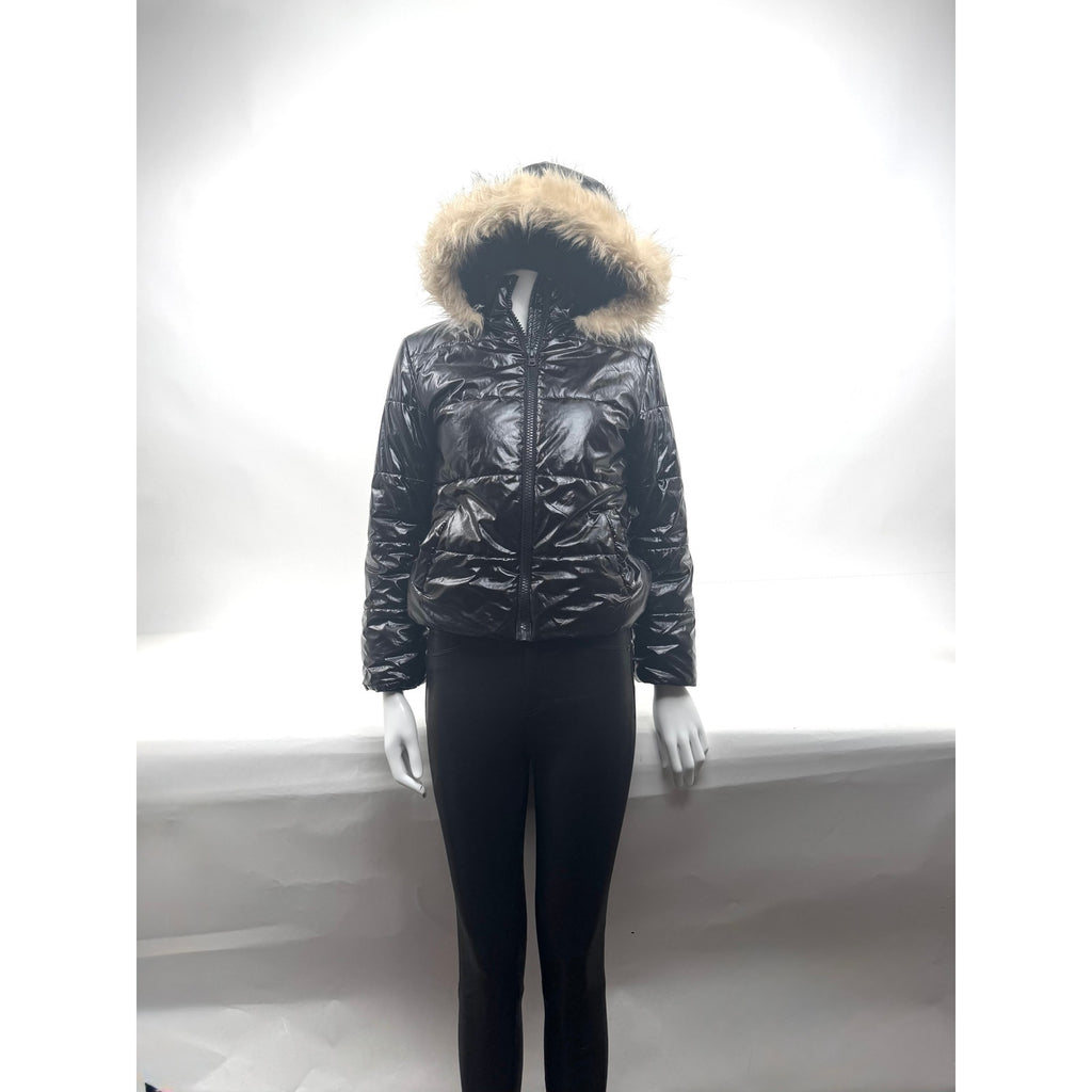 Kids Hudson Black Shiny Puffer Jacket with Faux Fur Hood Size L Fits Women’s XS