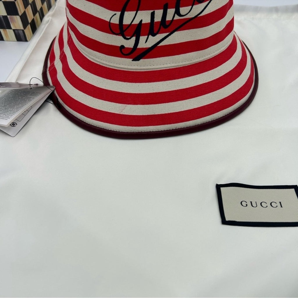 Women's Gucci, striped canvas, bucket, hat, size large made in Italy NWT