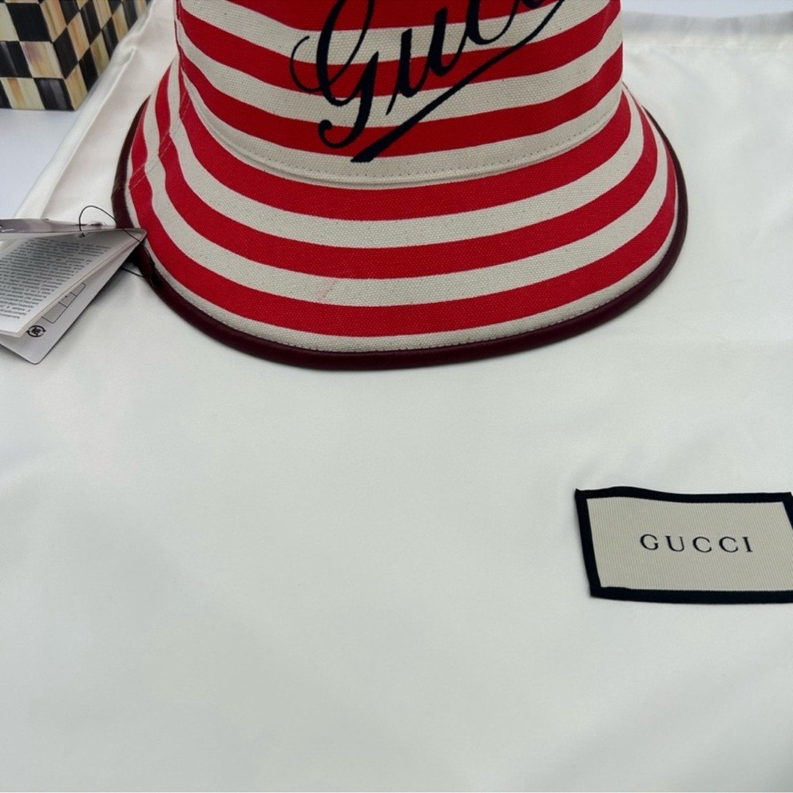 Women's Gucci, striped canvas, bucket, hat, size large made in Italy NWT