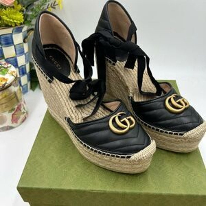 Women's Gucci GG Marmont ankle tie, wedge espadrilles size 40.5 made in Spain