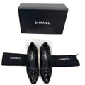 Chanel Black Boucle Cap-Toe Pumps Heels with Gold CC Logo Bow Detail Size 8