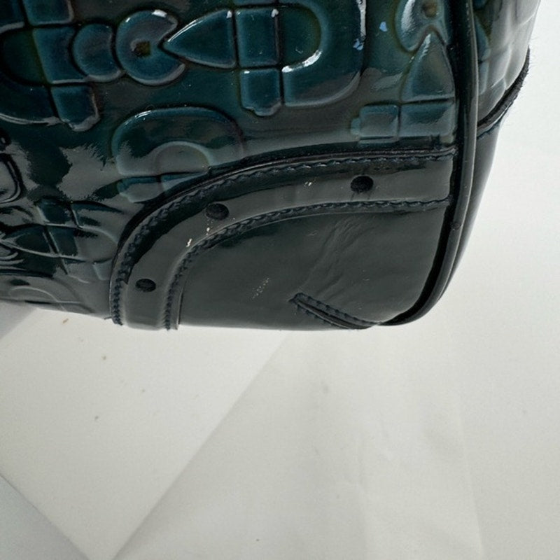 Gucci Vintage Green Blue Black patent leather top handle bag w/gold hardware