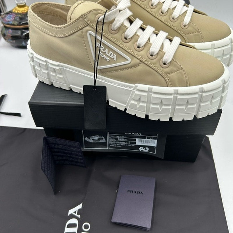 Women's Prada double wheel nylon gabardine sneakers, desert beige size 41