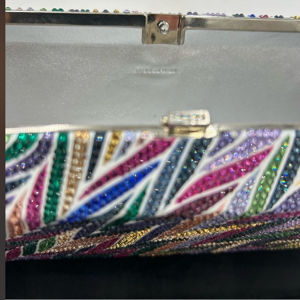 Women's Judith Lieber rectangular beach
mural clutch bag detachable chain Italy