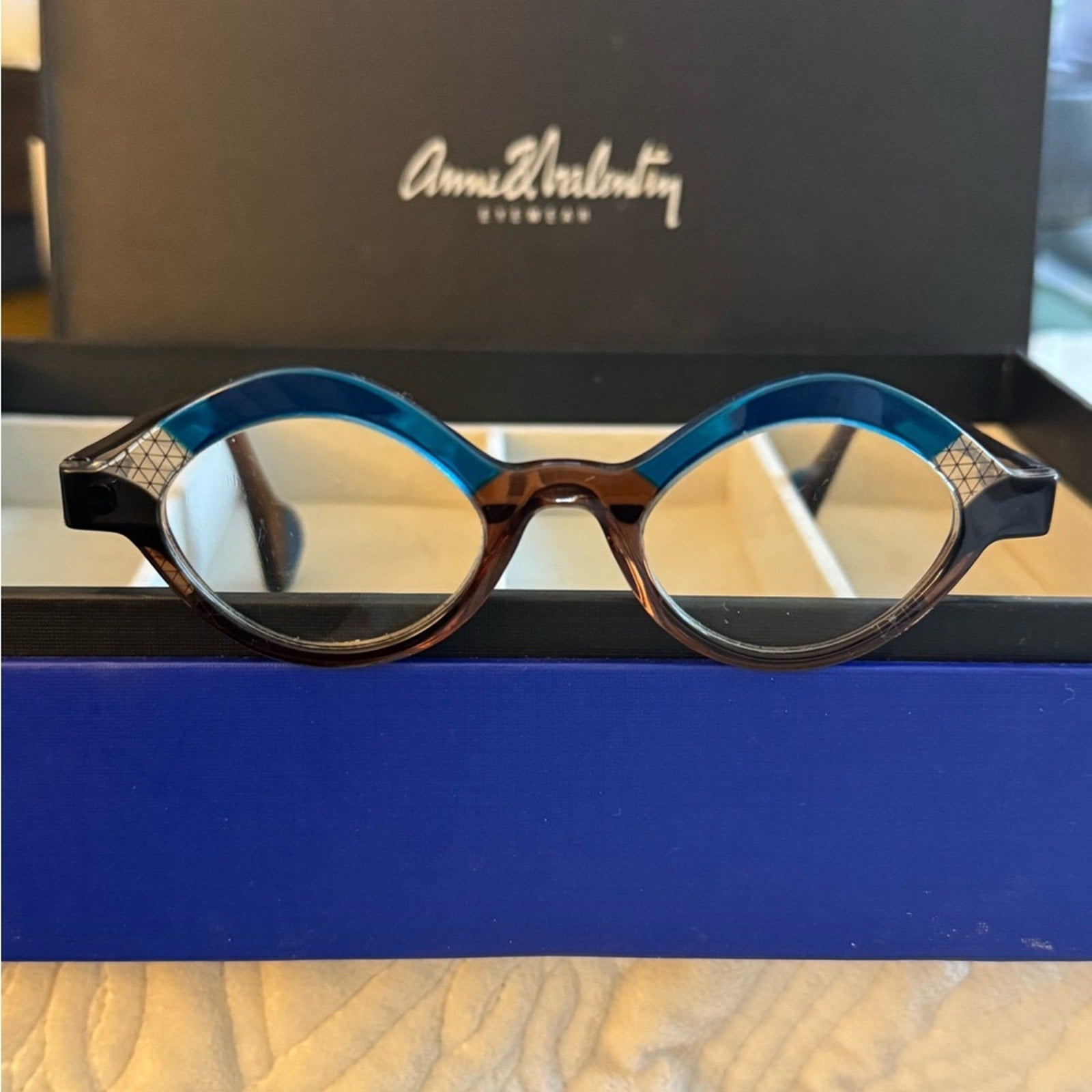 Anne et Valentin Blue and Brown and cross hatch handmade gorgeous frames