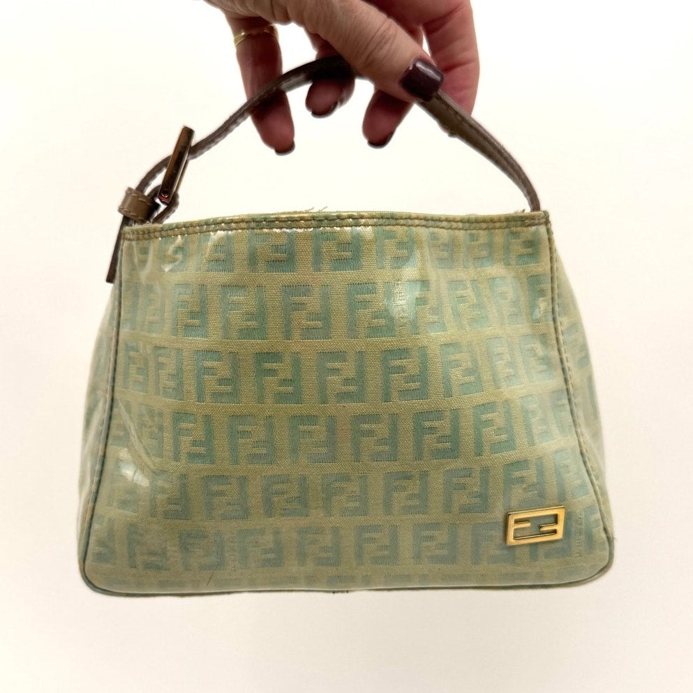 Fendi Green Monogram Open Top Handle Pochette Bag
