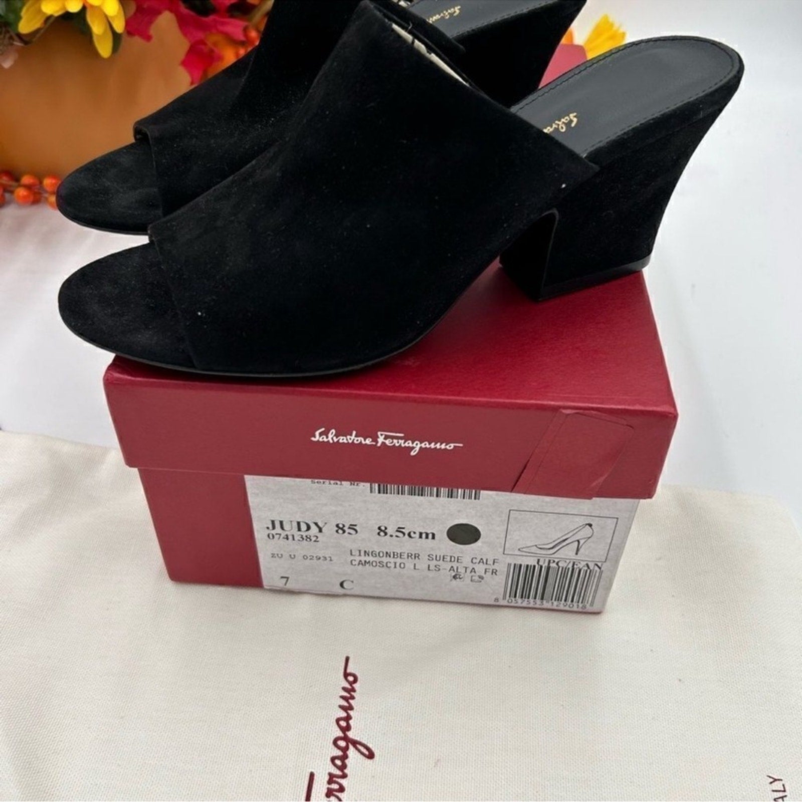 Women's Salvatore Ferragamo Judy 85 Suede mules, size 7, made in Italy