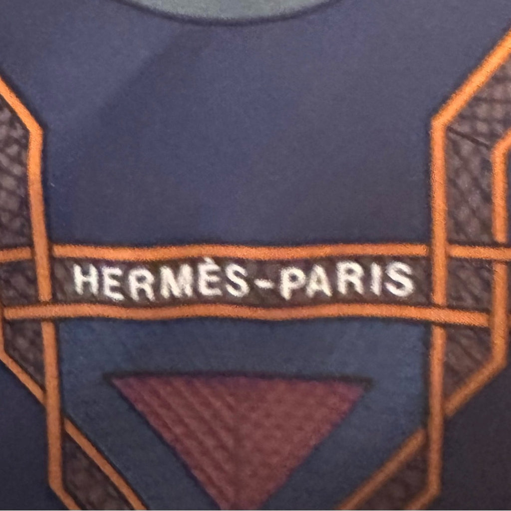 Hermès silk scarf in a darker blue and maroon Color Way, Middle Eastern motif