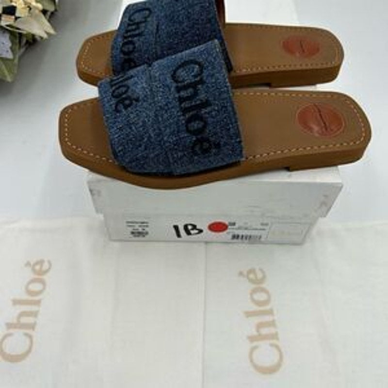 Women’s Chloe woody logo embroidered denim sandals size 38 made in Italy