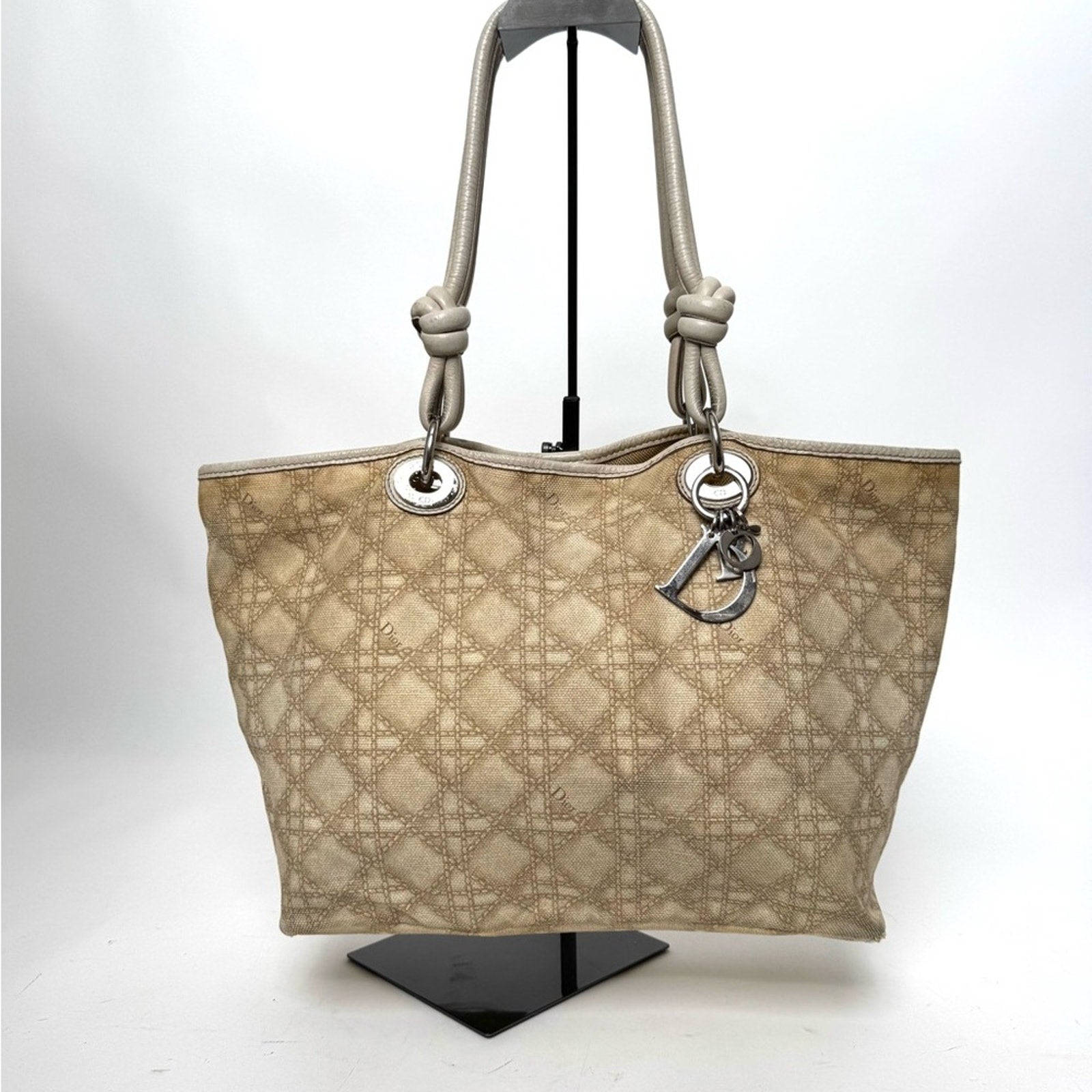 Dior canvas Canage shoulder tote with knotted leather straps/silver hardware