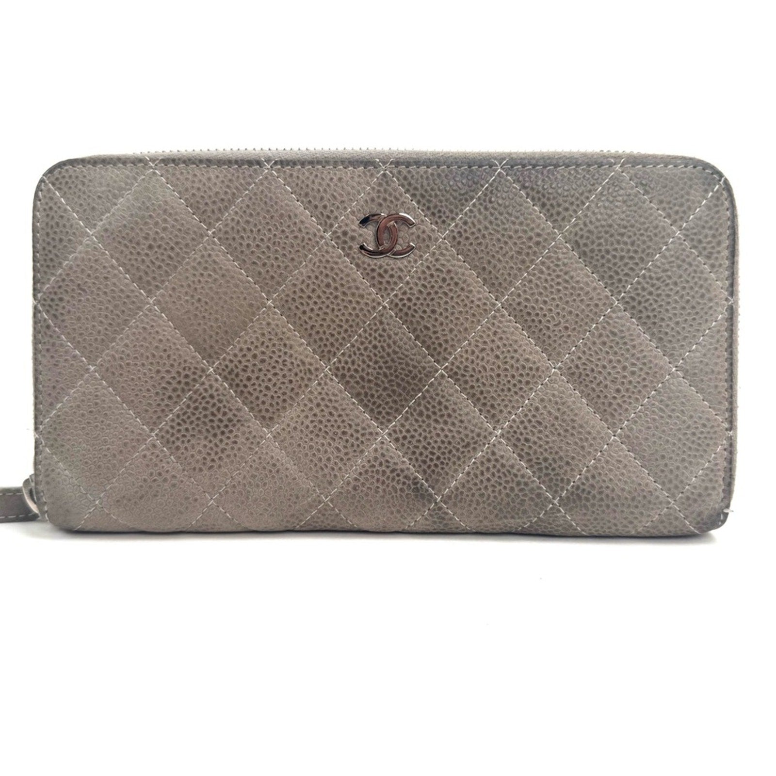 Women’s Chanel zip around long wallet, gray quilted pattern ombre holo present