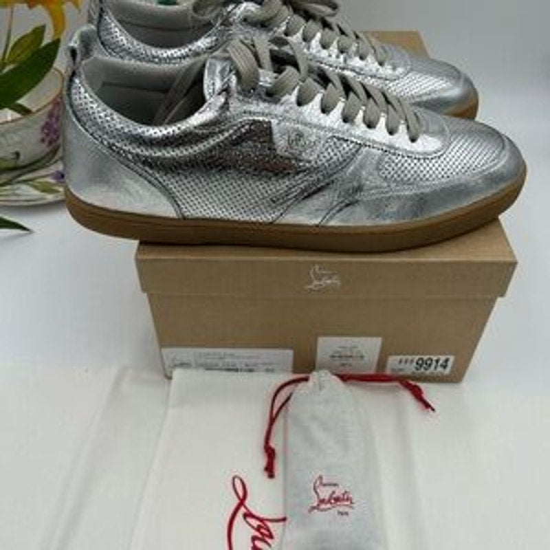 Men's Christian Louboutin TUTTI RUI low top silver leather sneakers size 46