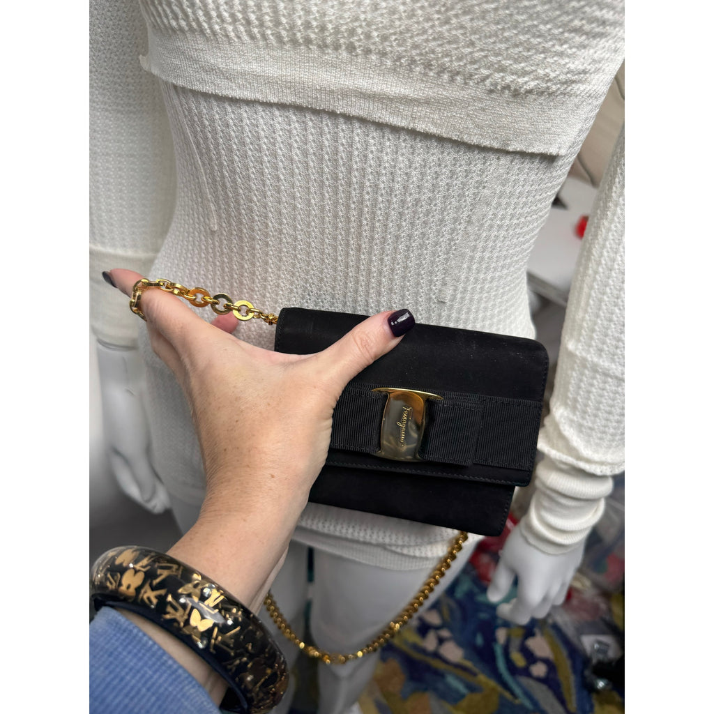 Ferragamo Black Ginny Suede Gold Removable Chain Shoulder Waist Belt Bag