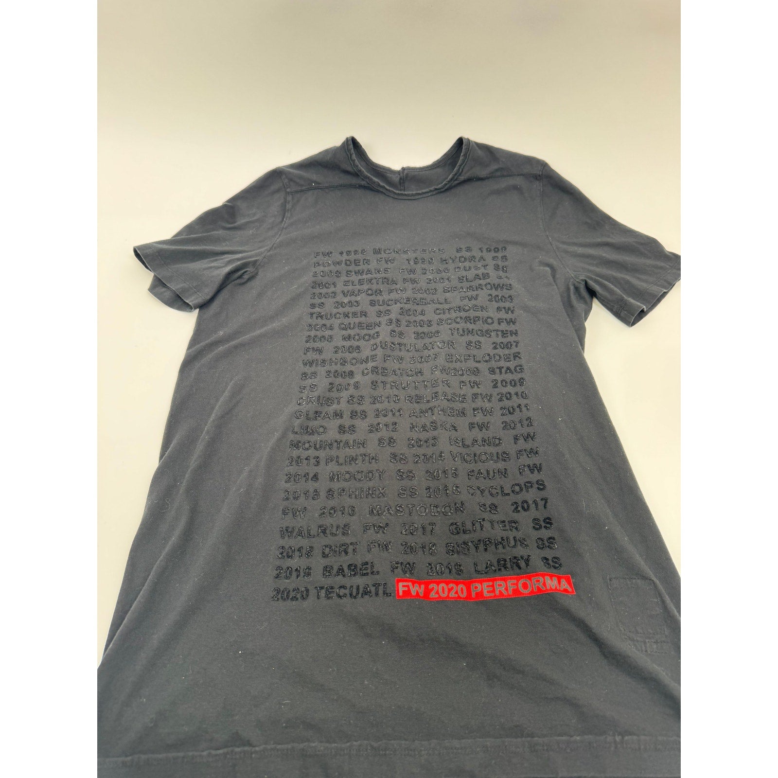 Mens Rick Owens Collection History Print Tee - One Size - FW20 Performa Archive List