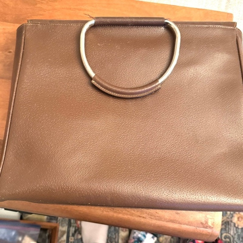 Gucci Tom Ford Brown Leather Silver circular top handle, 2 pocket snap top tote