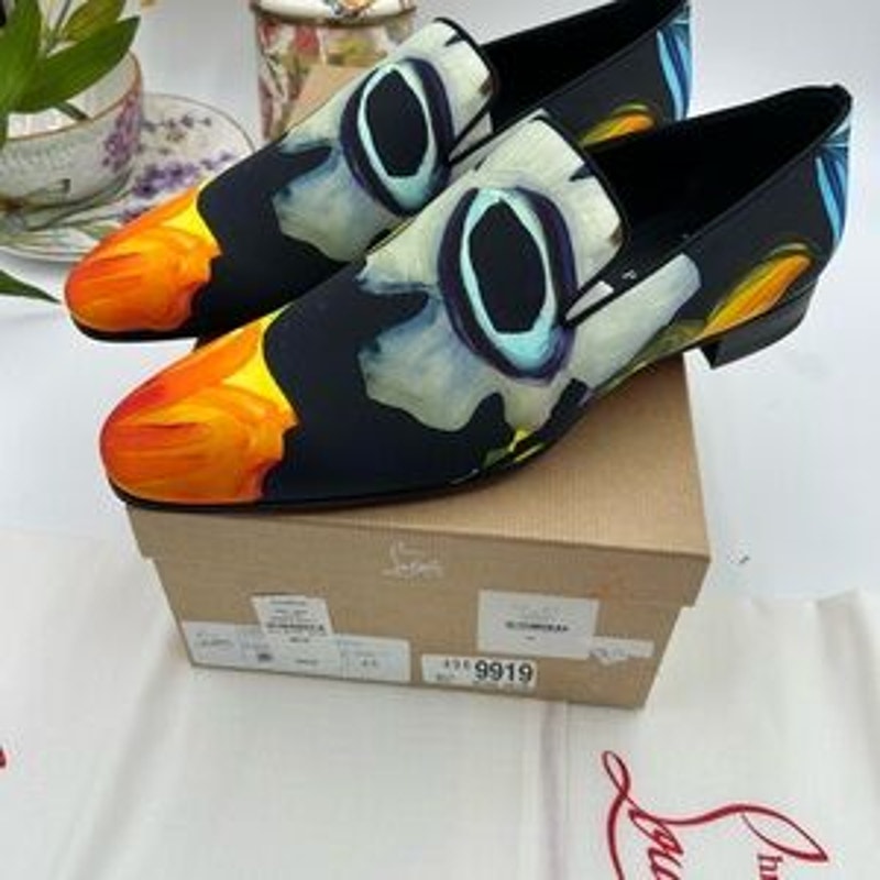Men's Christian Louboutin, dandy, chick floral satin loafers size 45 made Italy