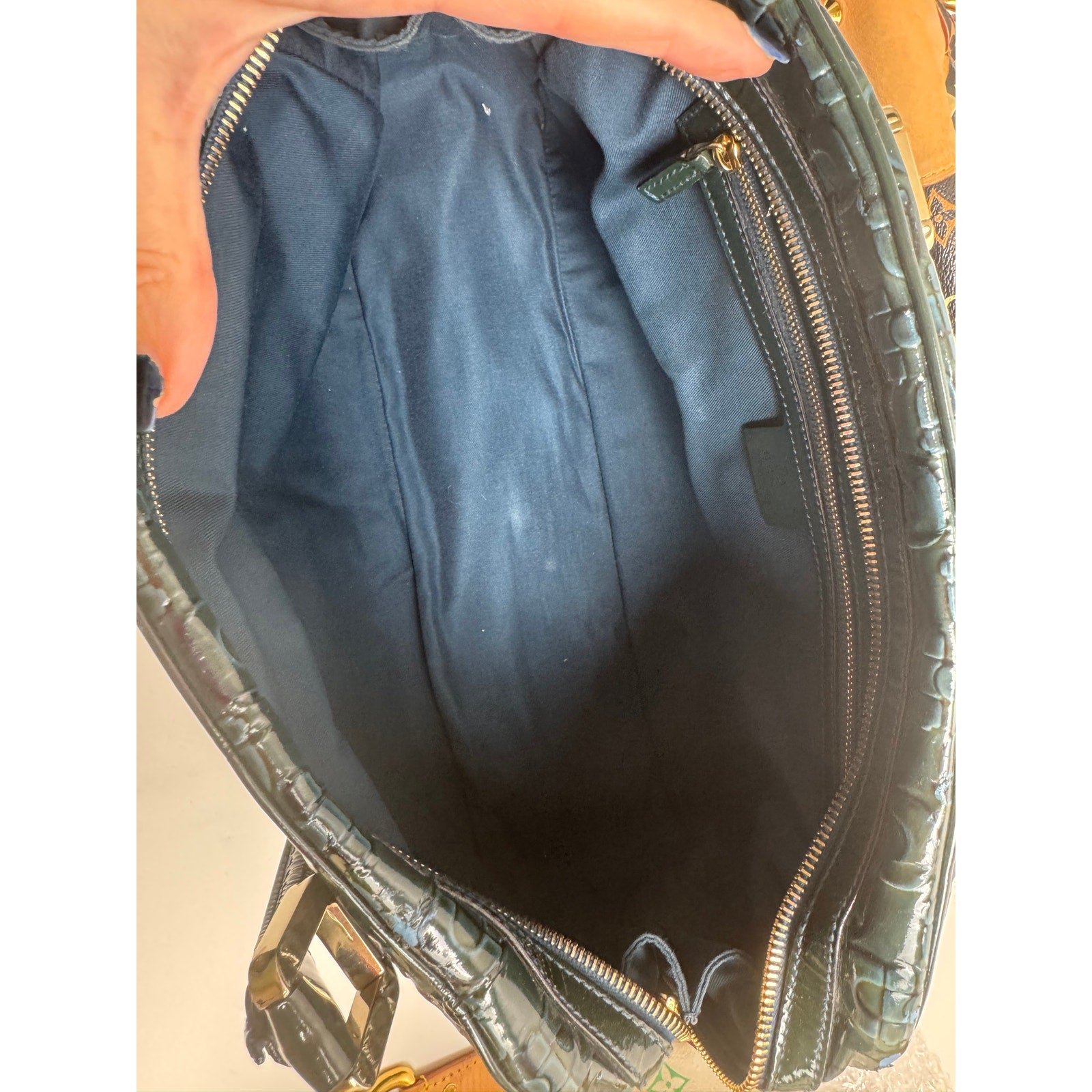 Gucci Vintage Green Blue Black patent leather top handle bag w/gold hardware