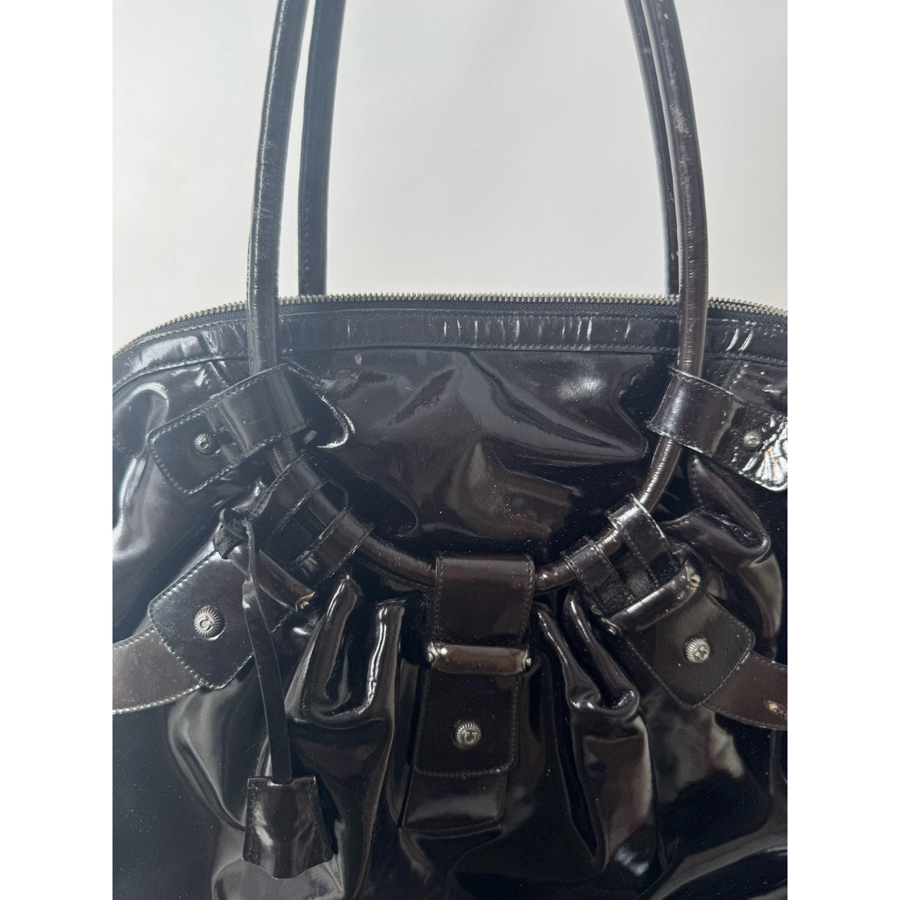 Salvatore Ferragamo Gancini Black Patent Leather Ruched Boho Hobo Bag