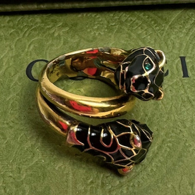 Gucci Garden Tiger Head Statement Ring Gold Plated with Green Crystal Eyes Sz 7