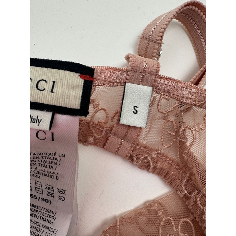 Gucci NWT Blush Pink GG Logo Lace Bra & High Waist Briefs Lingerie Set Size S