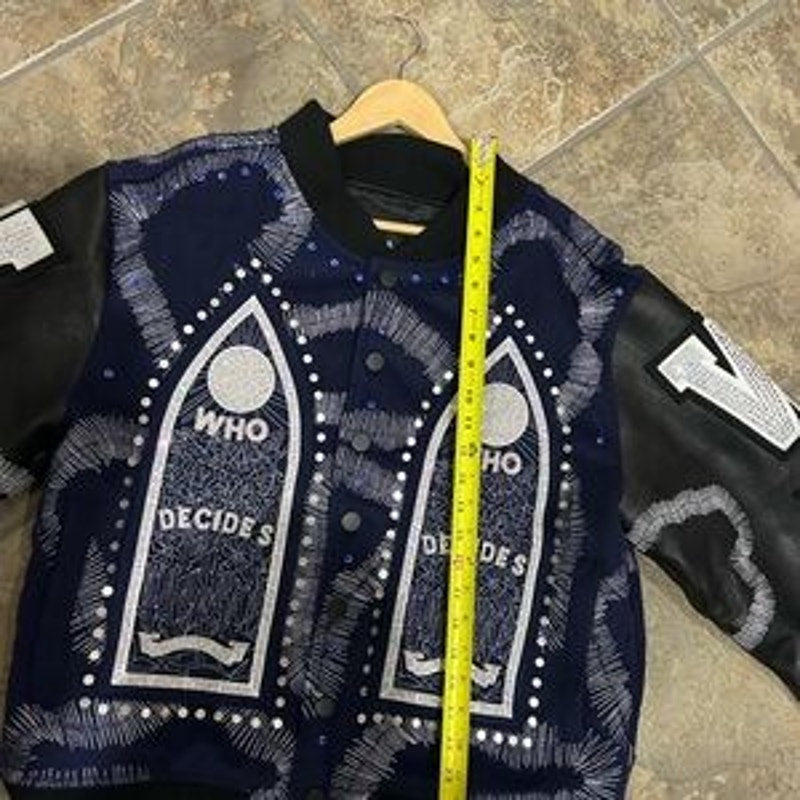 Men's WHO DECIDES war hardware, varsity jacket, size XL