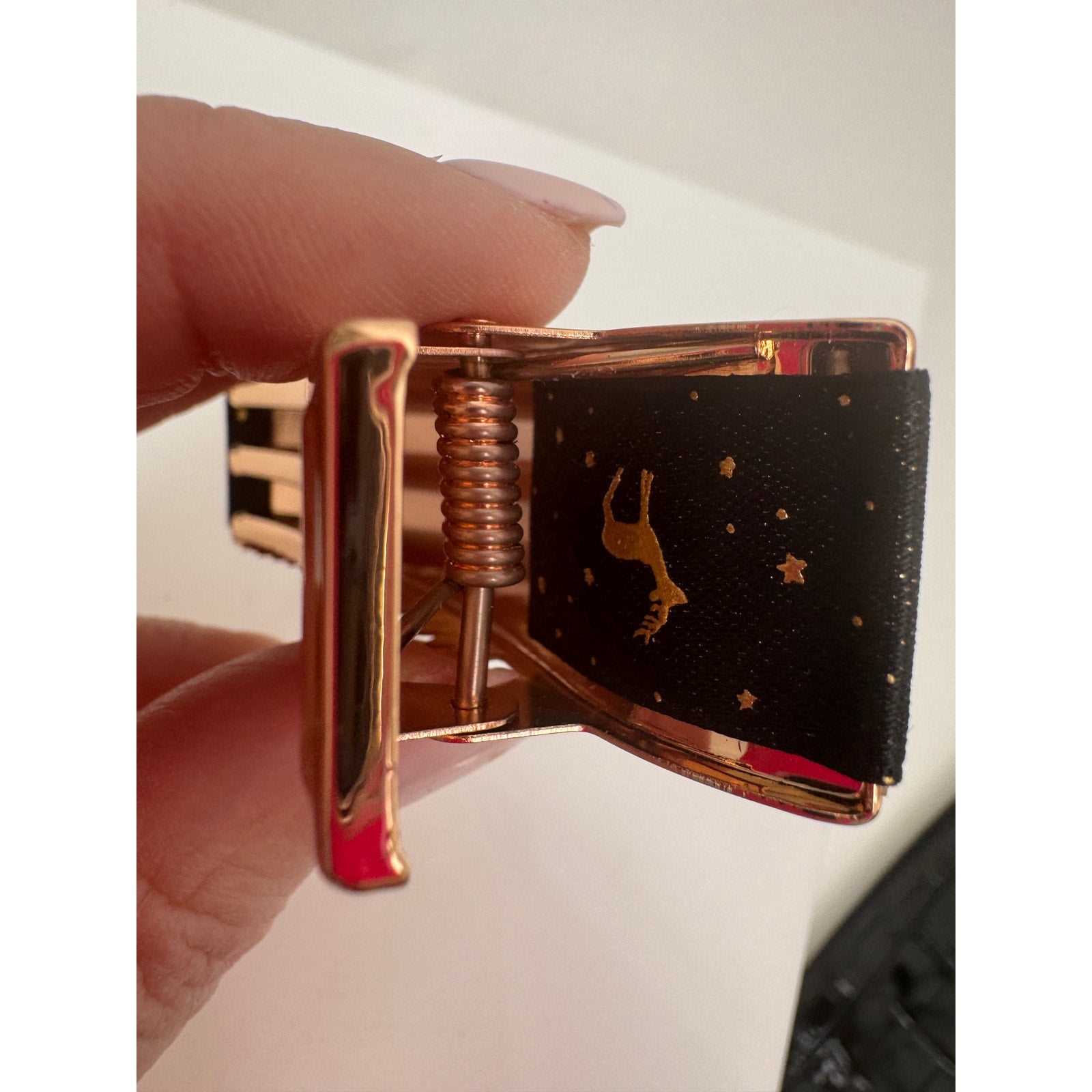 Women's Chanel Black & Gold Logo Star Print Hair Barrette Clip