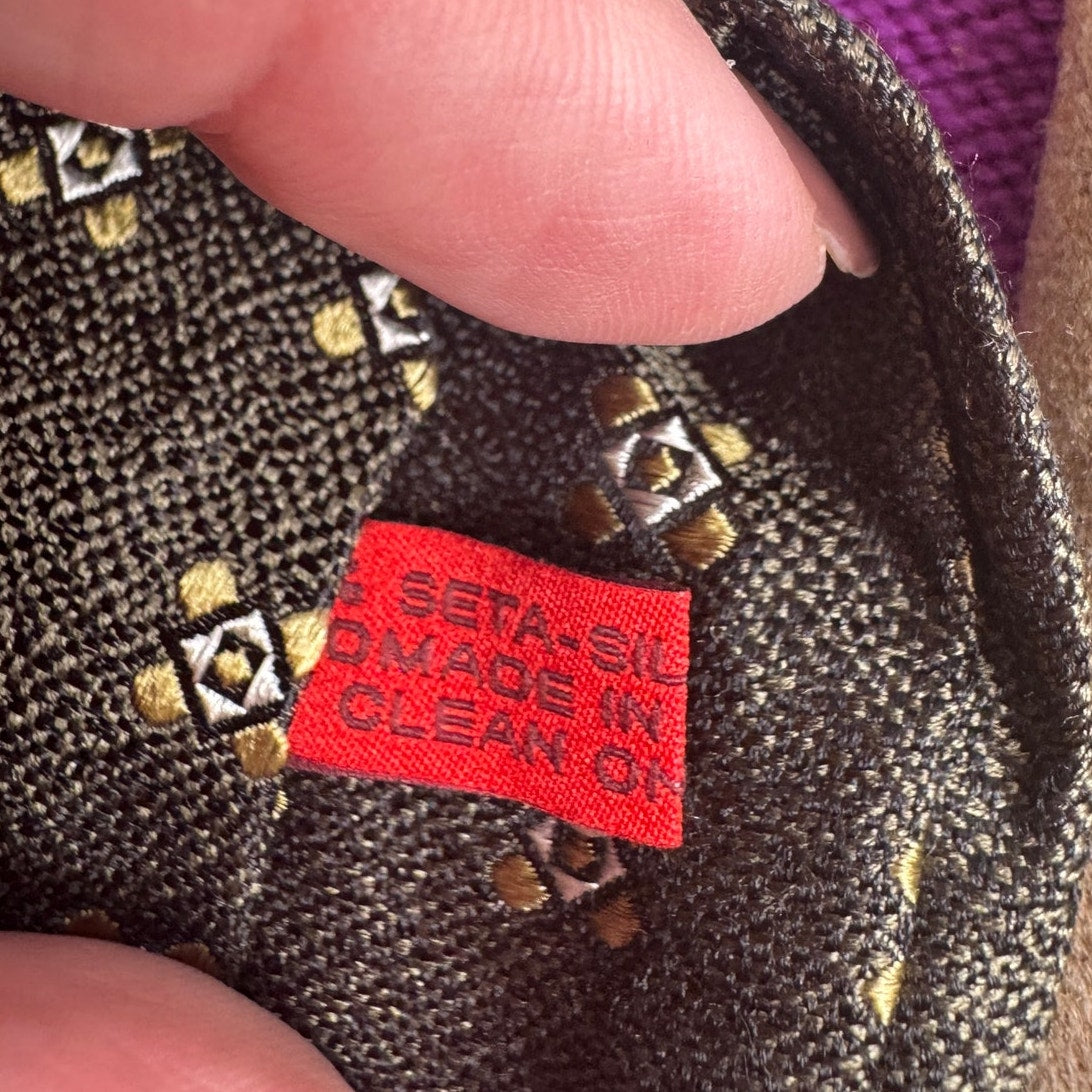 Isaia Napoli Brown & Gold Geometric Medallion Silk Neck Tie Made in Italy