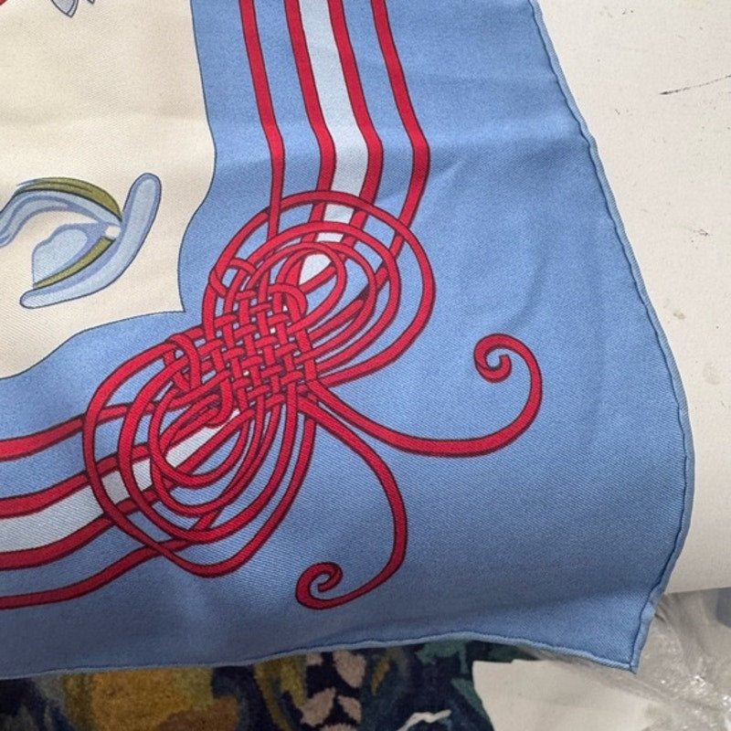Hermes silk scarf red/blue colorway/whimsical sleds horses w/flourishes of color