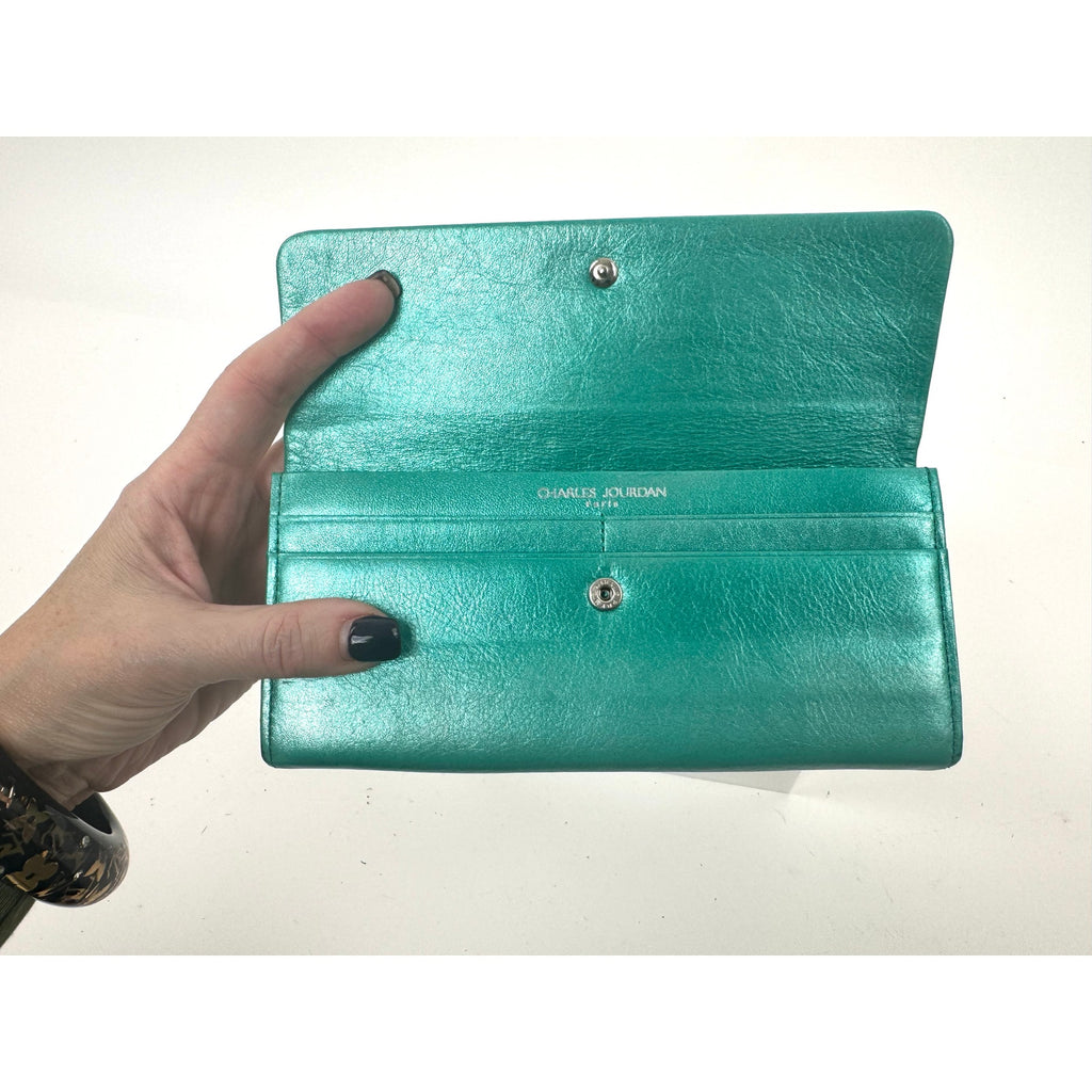 Charles Jorudan Blue Green Leather Kiss Lock Long Snap Wallet