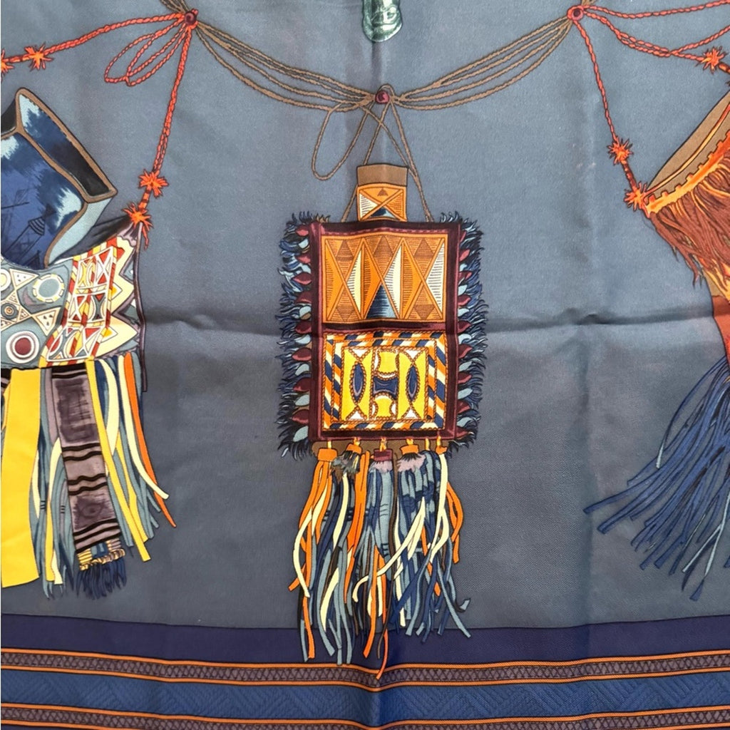 Hermès silk scarf in a darker blue and maroon Color Way, Middle Eastern motif