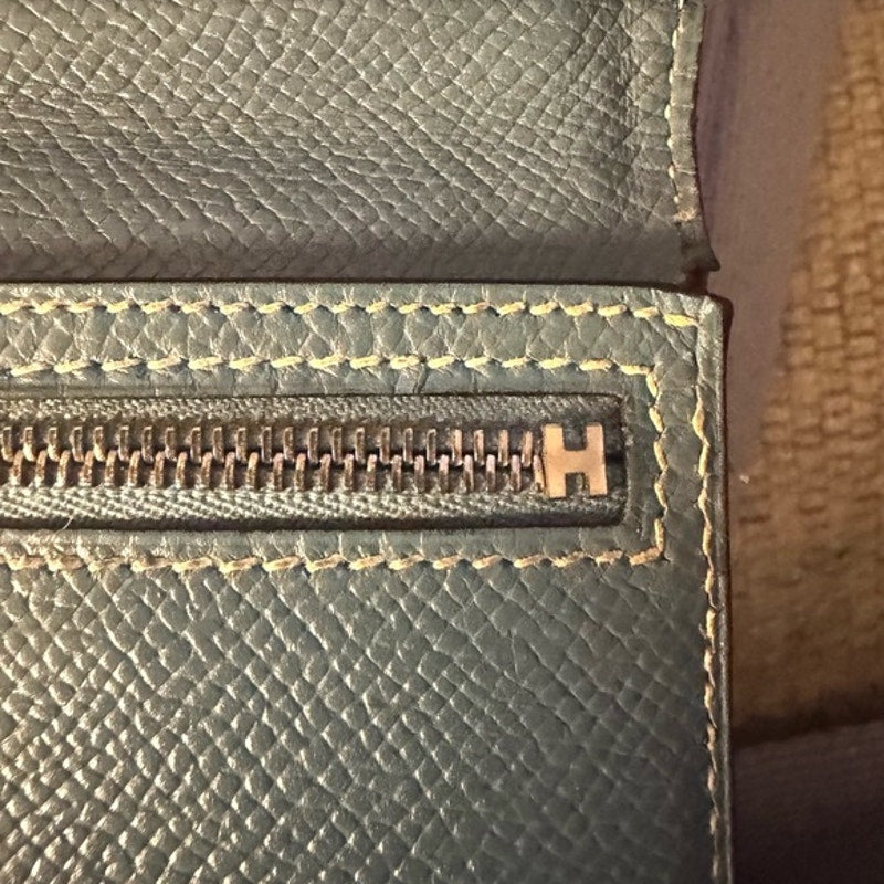 Hermes Blue Jean Tadelakt Bearn wallet Palladium Hardware cream contrast stitch