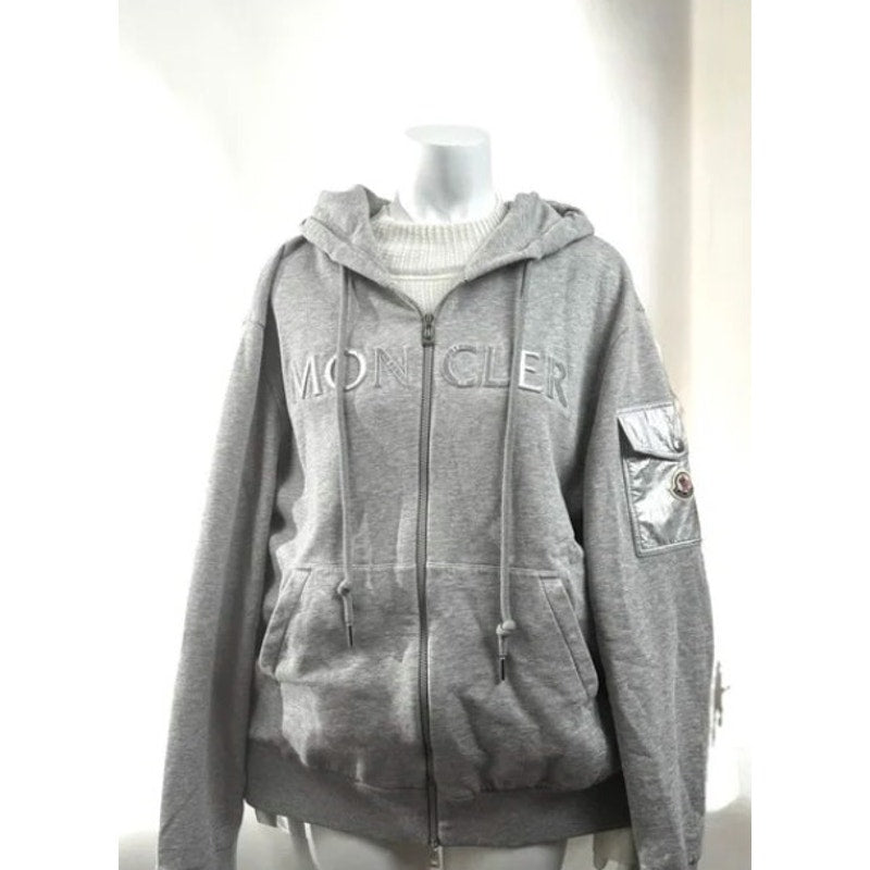 Moncler Men’s 2XL Gray Zip-Up Hoodie – Metallic Puffed Lettering (NWOT)