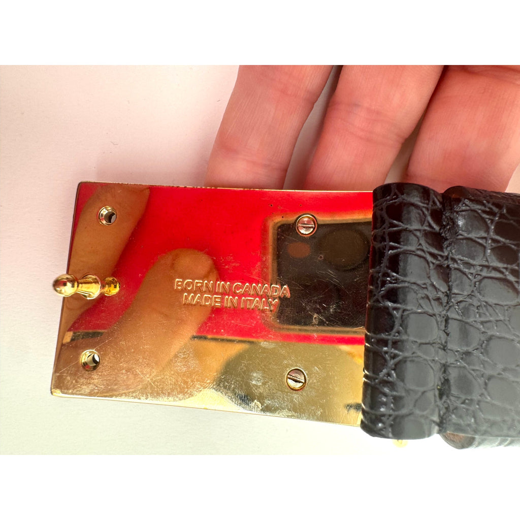DSQUARED2 NWOT Black Leather Plaque Croc Embossed Belt Size 70 Made in Italy