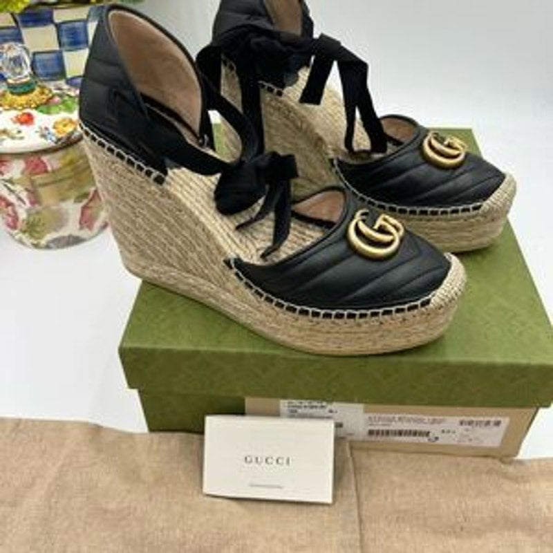 Women's Gucci GG Marmont ankle tie, wedge espadrilles size 40.5 made in Spain