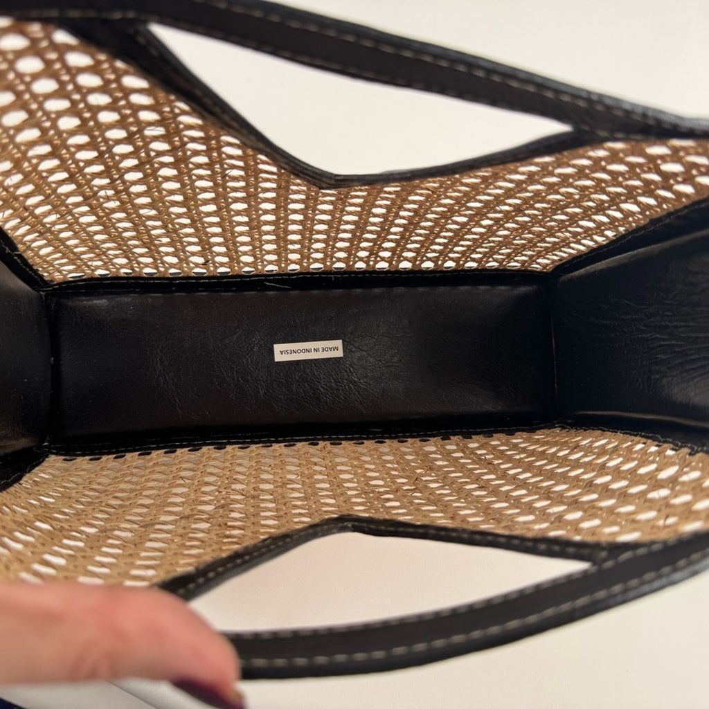 Black leather and rafia unbranded unique modern art tote/top handle bag