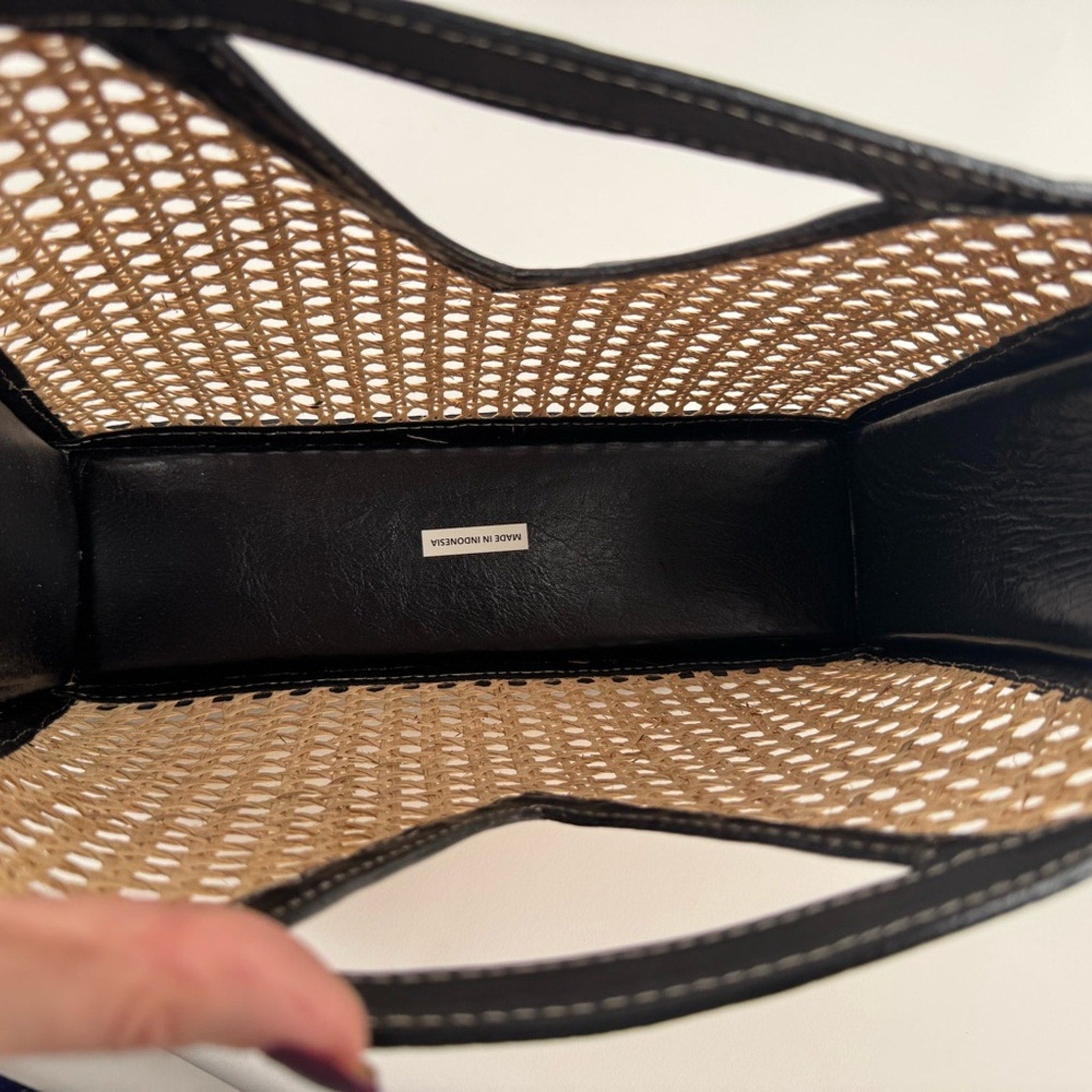 Black leather and rafia unbranded unique modern art tote/top handle bag