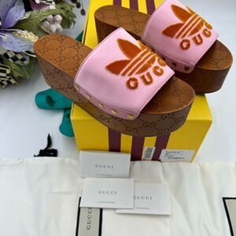 Women’s Gucci, X Adidas, pink satin GG clogs size 37 made in Italy.